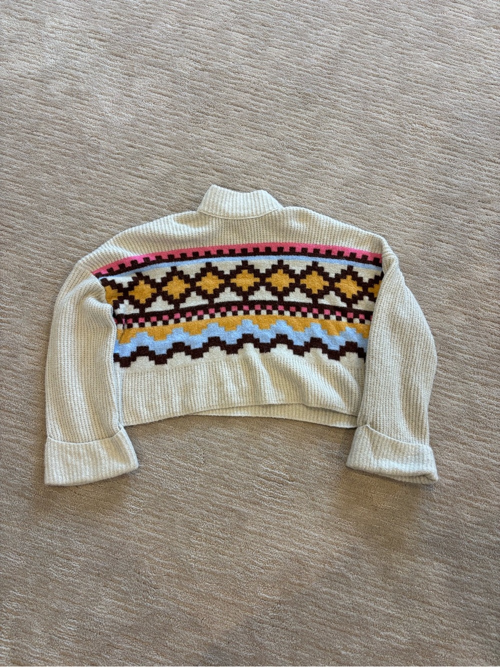 Cream Cropped Sweater with Multicolor Fair Isle Pattern